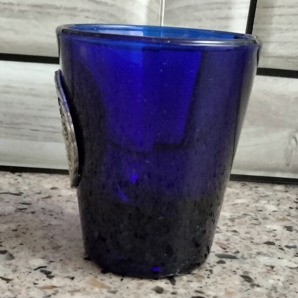 DUO: Cobalt Blue Glass Ashtray & Shot Glass Pewter Sun Medallion - Picture 4 of 11